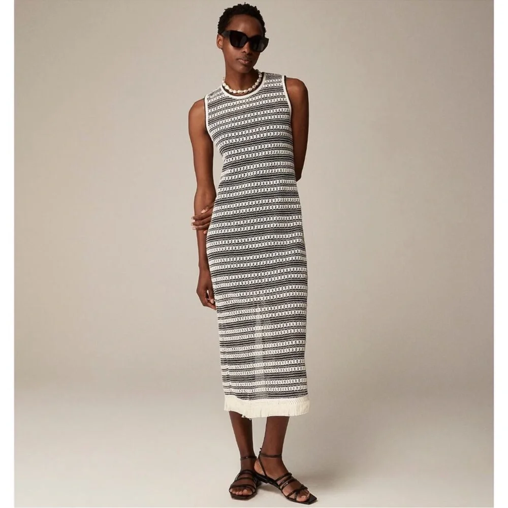 J. Crew Collection Crochet Midi Dress Striped Ivory Black Fringe Resort